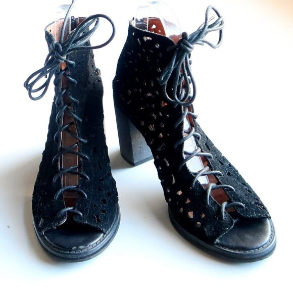 Jeffrey Campbell Black Suede Leather Block Heel Lace-up Sandals Bootie Shoes 8.5 - Picture 5 of 15